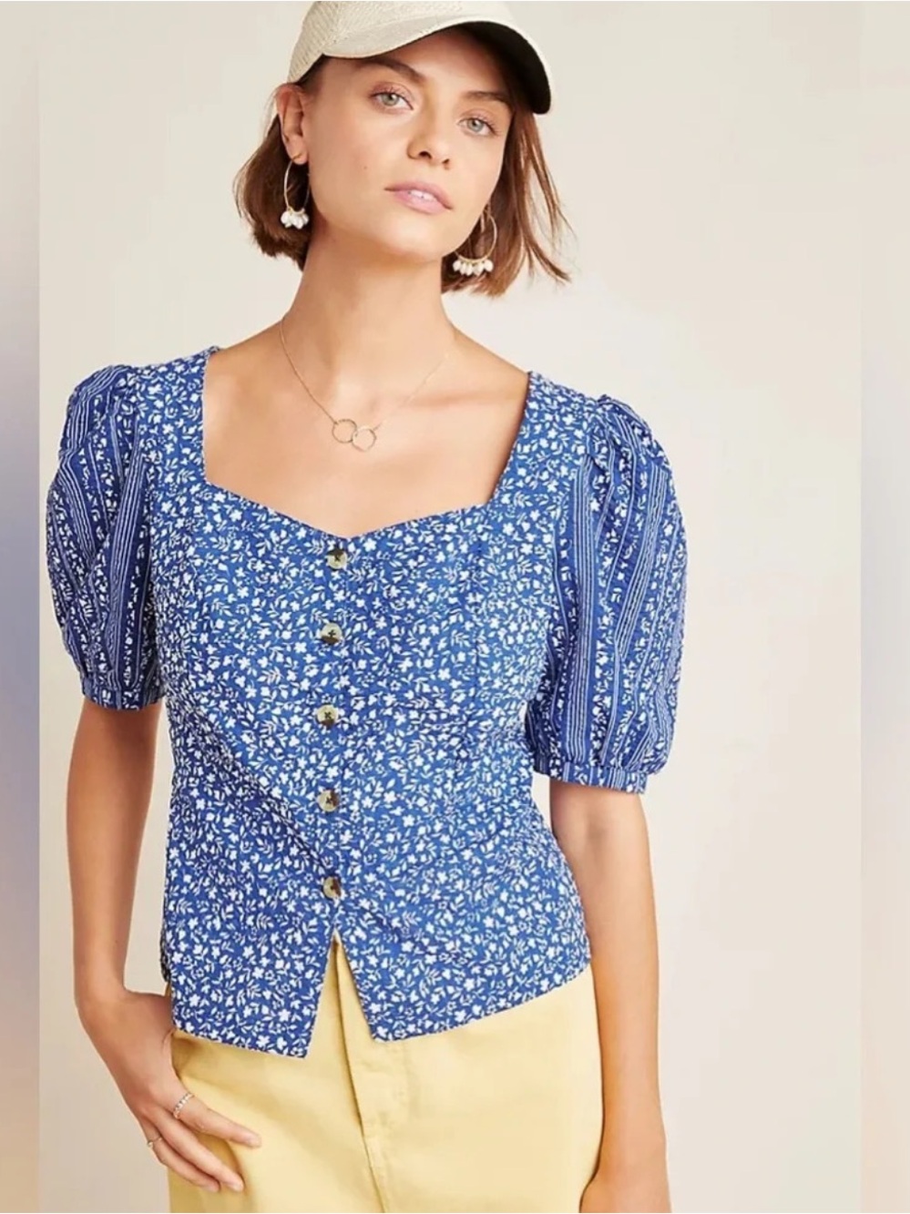 Anthropologie Maeve Marta Blue Floral Button-Front Puff Sleeve Top Size: 14